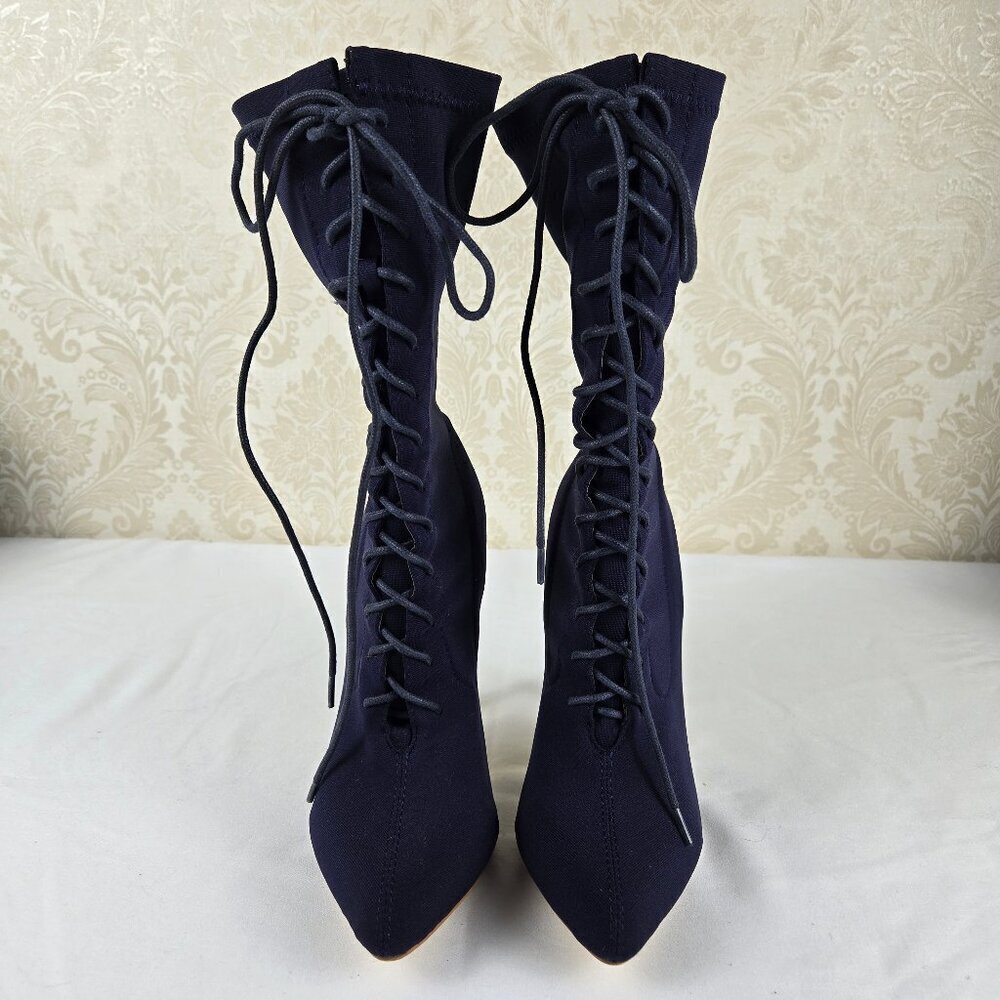 Simmi Size 6 Dark Navy Blue Lace Up Sock Boots Stiletto Heels Pointed Toe